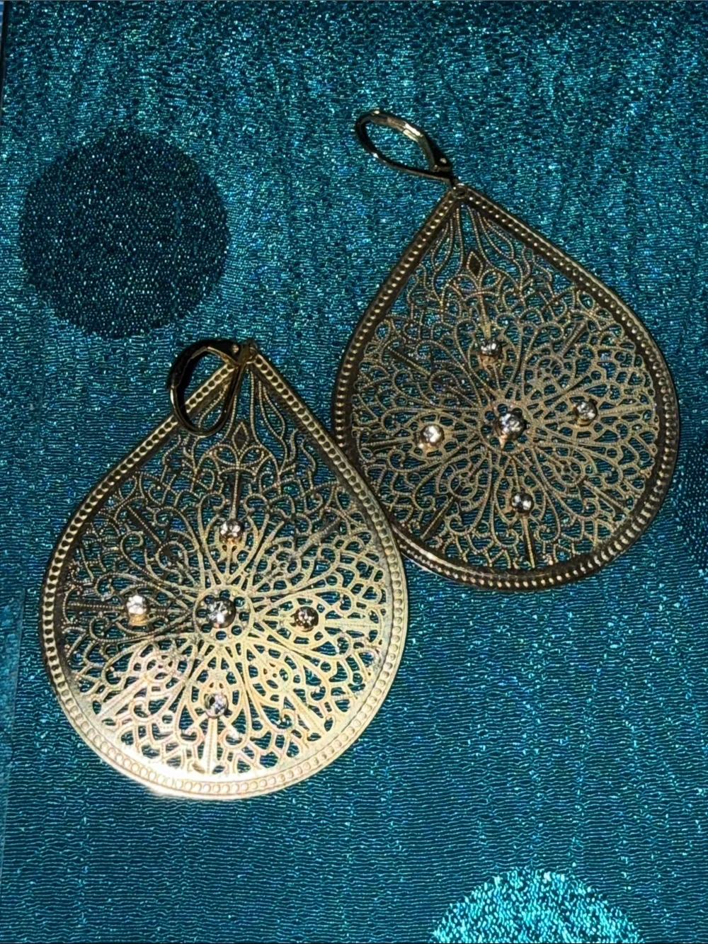 Gold Filigree Teardrop Earrings with Crystal Accents
